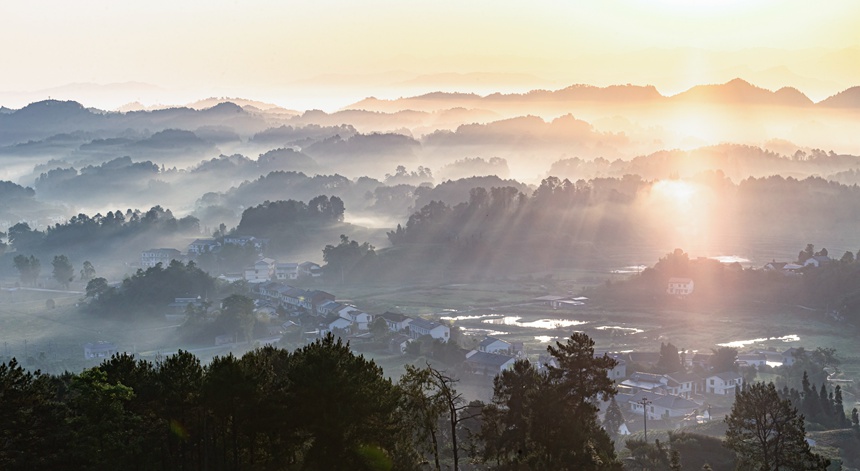 南川興隆鎮云霧相伴繪出山鄉水墨畫。瞿明斌攝
