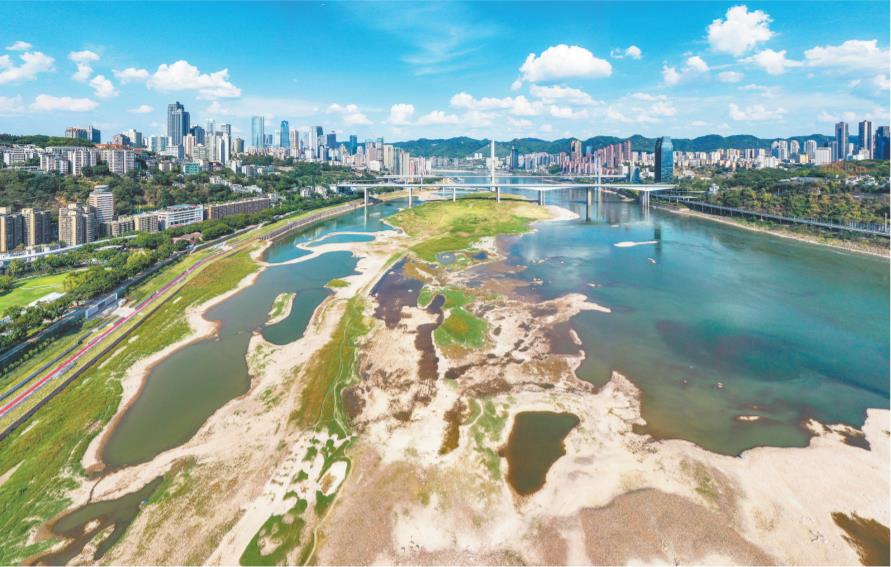8月16日，渝中區珊瑚壩，長江水位下降，部分江灘裸露。近期，受持續高溫少雨天氣影響，四川、重慶等地先后出現不同程度旱情。導致進入主汛期后長江、嘉陵江水位持續退落，出現了“汛期反枯”的現象。據了解，截至8月15日8時，重慶33個區縣部分地區土壤不同程度缺墑，全市51條河流斷流，24座水庫干涸，2138眼機電井出水不足。首席記者 龍帆 實習生 尹詩語 攝/視覺重慶