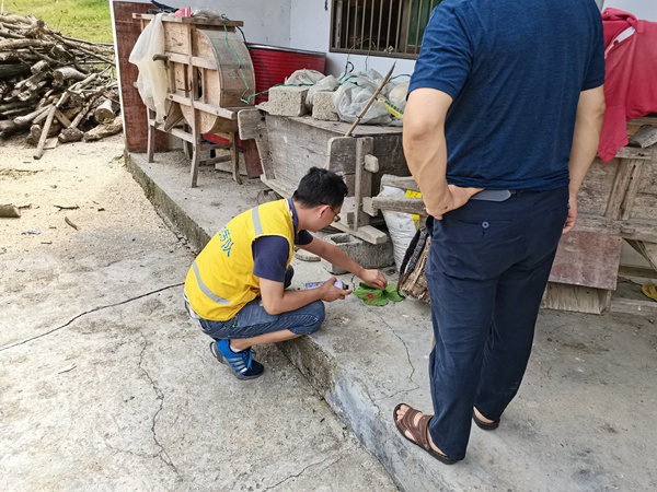 《簡易監測，就地取材》。7月5日，黔江區水市鎮楊柳村地災隱患點，107地質隊駐守地質隊員諶立志正在進行日常巡查。在缺乏專業工具的情況下，他就地取材利用“樹葉掏洞”的小方法現場設立簡易監測點，指導監測人員開展地災監測。路正昆攝