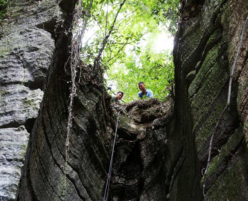 抗旱保供水專班人員在新花村一山洞查看水源。楊敏攝