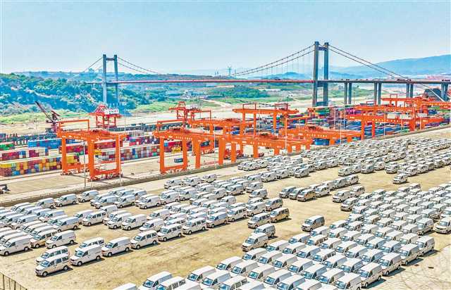 9月5日，眾多嶄新的商品車停放在果園港集裝箱碼頭。今年前8個月，11萬輛商品車通過果園港經長江黃金水道運輸至華中、華東地區。