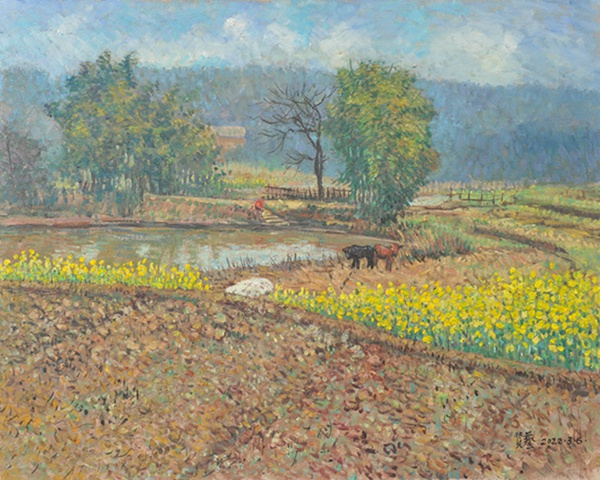 楊賢藝創作的油畫作品《藺市五馬小景》。王琦美術博物館供圖