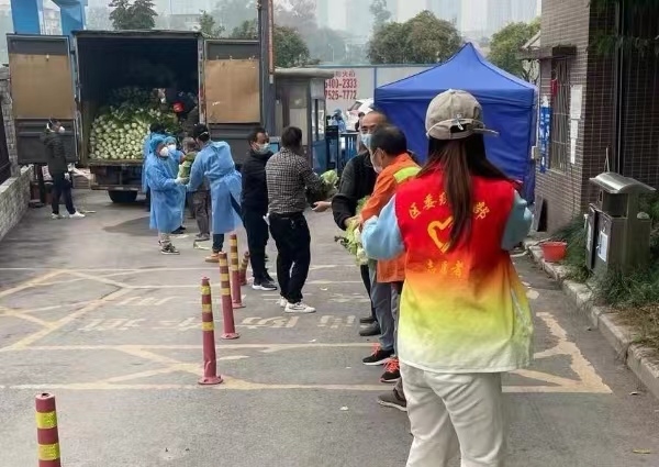 志愿者與居民有序接運剛到的蔬菜。巴南區委統戰部供圖