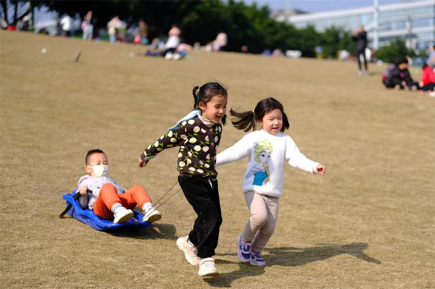 1月30日，重慶主城區天氣晴好，小朋友在南岸區茶園戶外草坪嬉戲玩耍。郭旭攝
