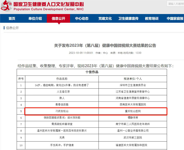 “全國十佳”獲獎名單。重慶松山醫院供圖
