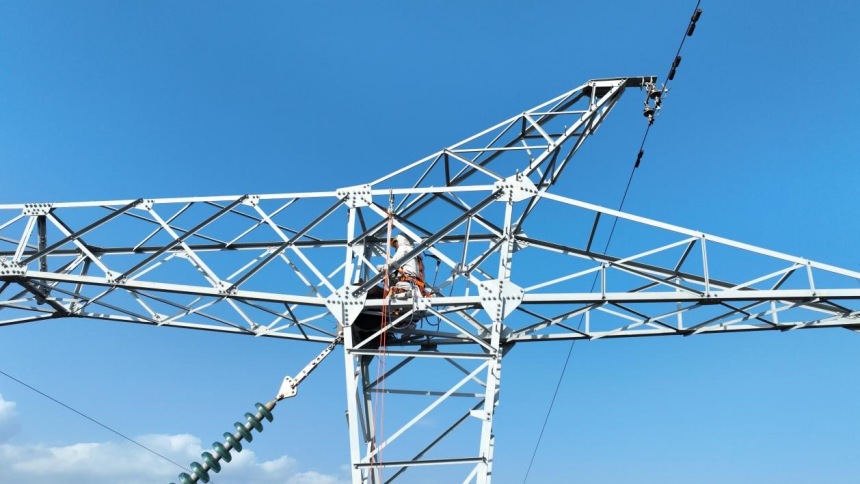 運維人員正將鳥巢固定在鐵塔上。張弛攝