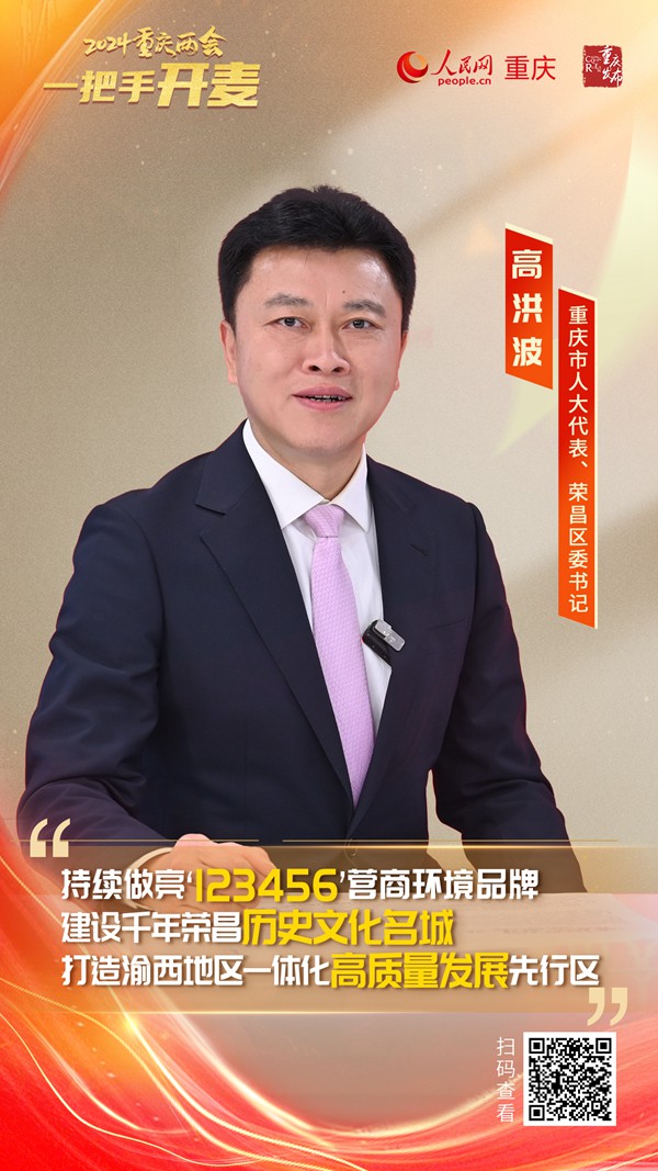                高洪波                重慶市人大代表、榮昌區委書記                                            建設渝西地區一體化高質量發展先行區 跑出榮昌“加速度”                                           近日，重慶市人大代表、榮昌區委書記高洪波做客人民網重慶頻道、重慶發布“新時代 新征程 新重慶——2024重慶兩會會客廳”系列訪談時表示，推進渝西地區一體化高質量發展，是實施成渝地區雙城經濟圈建設“一號工程”的重大戰略抓手，榮昌將圍繞這個目標，把當地建設成渝西地區一體化高質量發展先行區。                [ 查看詳情 ]              