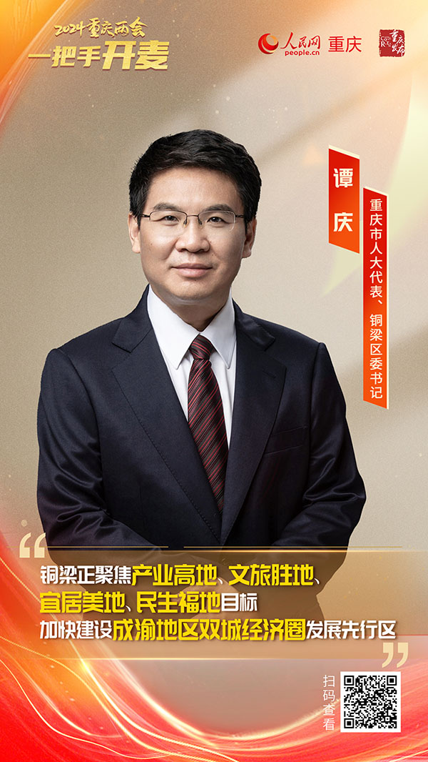                譚 慶                重慶市人大代表、銅梁區委書記                                            銅梁奮力打造成渝中部產業新高地                                           2024重慶兩會期間，重慶市人大代表、銅梁區委書記譚慶在接受人民網專訪時表示，銅梁區確定了新一年全區的地區生產總值增長6.5%以上的年度工作目標，全力推進改革、開放、科技、創新和人才工作，加快建設成渝地區雙城經濟圈發展先行區，奮力打造成渝中部產業新高地。                [ 查看詳情 ]              