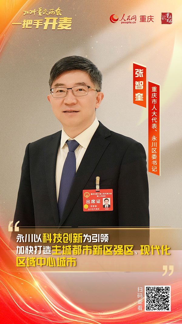                張智奎                重慶市人大代表、永川區委書記                                            永川以科技創新為引領 加快打造現代化區域中心城市                                           2024重慶兩會期間，重慶市人大代表、永川區委書記張智奎在接受人民網專訪時表示，永川區將以科技創新為引領，加快打造主城都市新區強區、現代化區域中心城市。                [ 查看詳情 ]              