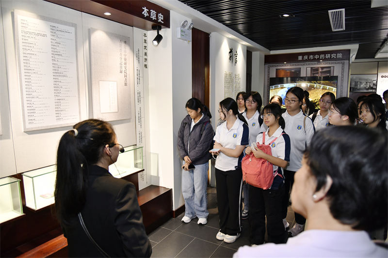 10月28日，30名來自新加坡的師生走進重慶市中藥博物館參觀見學，圖為師生們正在聆聽講解。唐志勇攝 