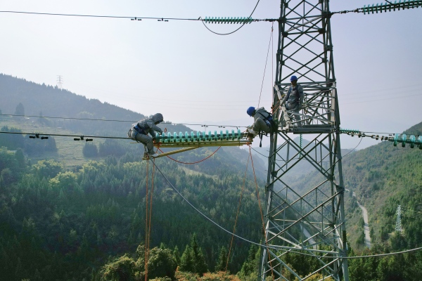 國網重慶奉節供電公司員工在220千伏奉巫線19號塔帶電更換絕緣子。楊崳杰攝