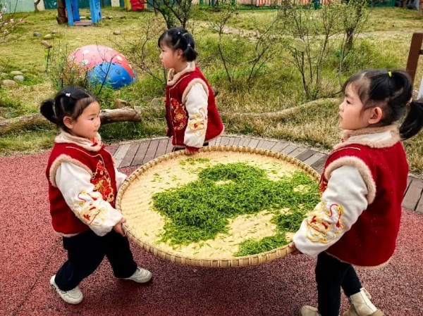 中班幼兒體驗制茶。三官殿幼兒園供圖