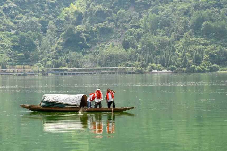 “河小青”志愿者們正在酉水河清漂。邱洪斌攝