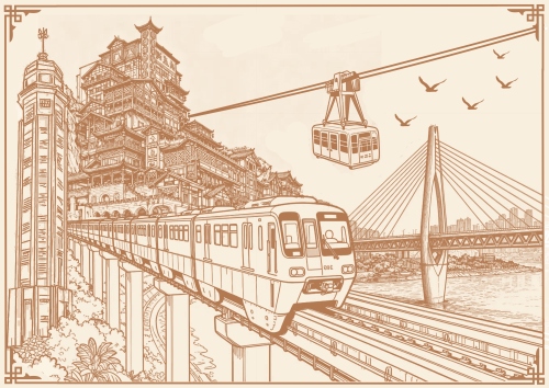 重慶旅游職業學院李沙的繪畫作品《索道連兩岸，輕軌繞山城》。主辦方供圖