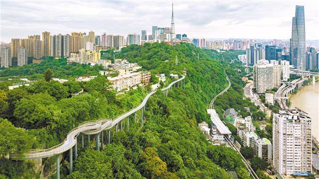 10月21日，渝中區半山崖線，懸空步道蜿蜒盤旋在山壁間（無人機照片）。記者 尹詩語 攝/視覺重慶