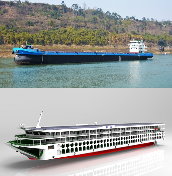 永盛實業船舶更新前后對比圖（上為傳統游船，下為擬建新能源客滾船設計圖）。恒豐銀行重慶分行供圖 第1眼TV-華龍網發